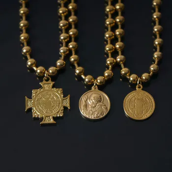 Ожерелья с крестом Сан-Бенито из нержавеющей стали для женщин, колье-цепочка из шариков 6 мм, Металлическая медаль Святого Бенито Collier Femme