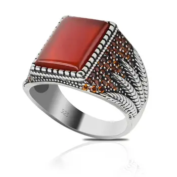 Оригинальное мужское ювелирное кольцо из стерлингового серебра 925 пробы с натуральным красным агатом, Винтажное кольцо ручной работы