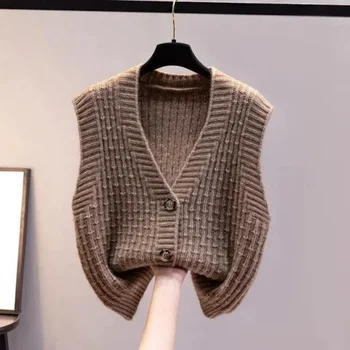 Осенний свитер, вязаный жилет, Корейский топ для женской одежды, винтажные однотонные кардиганы без рукавов в стиле харадзюку с V-образным вырезом, R165