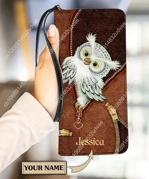 Персонализированные Кошельки и сумочки с рисунком мультяшной совы и животных для женщин, роскошный кошелек-напульсник, Длинная сумка для монет из искусственной кожи