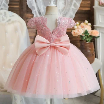 Платье для маленьких девочек от 1 до 5 лет с кружевной вышивкой, Милое детское платье для крещения на 1 день рождения, Розовое праздничное детское свадебное платье для маленькой девочки