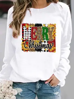 Праздничные пуловеры в стиле леопардовых букв, Рождественские Новогодние пуловеры, женская одежда, женские повседневные графические свитшоты из флиса с круглым вырезом