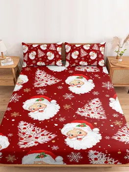 Рождественская Красная Елка Санта-Клауса, простыня в виде Снежинки, Наматрасник, Простыня на резинке с четырьмя углами, наволочка