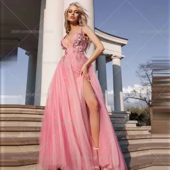 Роскошные вечерние платья с цветочным рисунком, женский сексуальный V-образный вырез, 3D цветок, на шнуровке, с разрезом по бокам, без спинки, вечерние элегантные платья для выпускного вечера, Vestidos