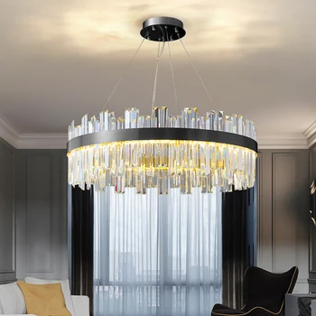 Светодиодная хрустальная люстра для гостиной, круглый прямоугольный подвесной светильник, современный светильник для домашнего декора, Черный Cristal Lustres