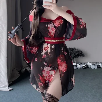 Сексуальное японское платье-кимоно с цветочным принтом, Традиционная женская пижама, Эротическое белье, халат, ночные рубашки, Перспективная одежда для сна