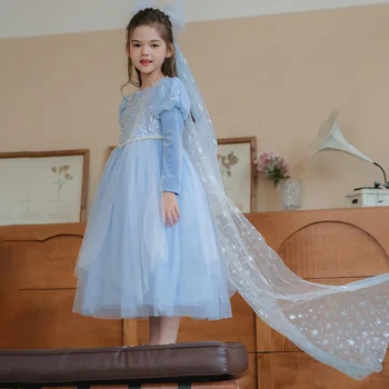 Синее платье принцессы Эльзы, сетчатое платье с длинным рукавом на Хэллоуин, костюмы для косплея для девочек 3-8 лет