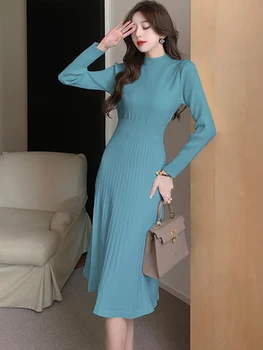 Синее трикотажное повседневное домашнее платье для дам Осень зима Элегантное платье-свитер с длинным рукавом 2023 Корейская мода Шикарные длинные платья
