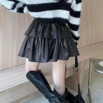 Стильная юбка-пачка с плиссированным подолом Бежевая/черная/кофейная юбка из искусственной кожи Весна-осень Женская короткая юбка
