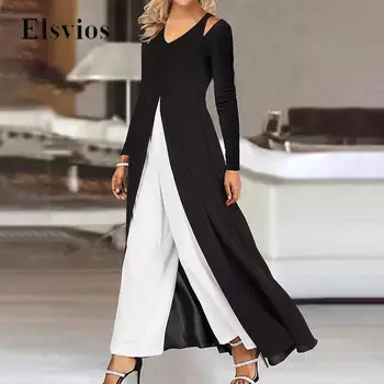 Черно-белый цвет, Лоскутное платье с широкими штанинами, комбинезон, Повседневный женский комбинезон с длинным рукавом, Модный комбинезон с V-образным вырезом, комбинезон