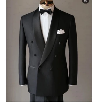 Черные официальные смокинги жениха для свадьбы, шаль с лацканами, деловые Приталенные мужские костюмы, 2 предмета, мужская модная куртка, брюки, повседневный блейзер